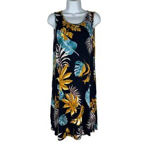Bishuige Women's Floral Print Sleeveless Dress Size L Blue Pockets